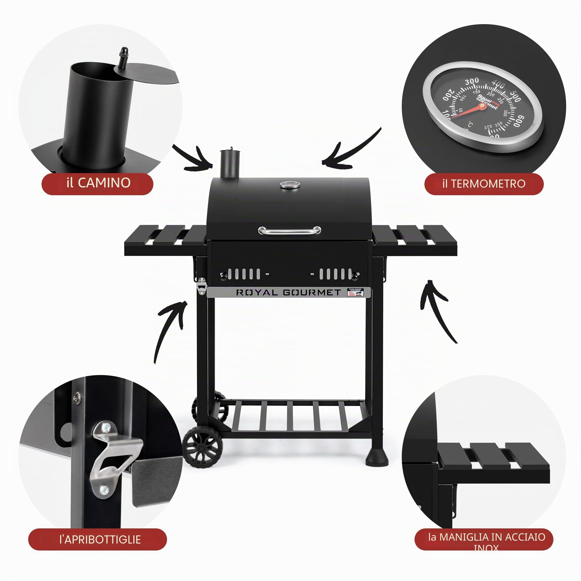 Royal Gourmet Barbecue a Carbone da Legno, griglia a Carbone su Carrello con Ripiani Pieghevoli, Coperchio, termometro, Superficie Cottura 56,5 x 42,2 cm, per Giardino, Campeggio, Nero