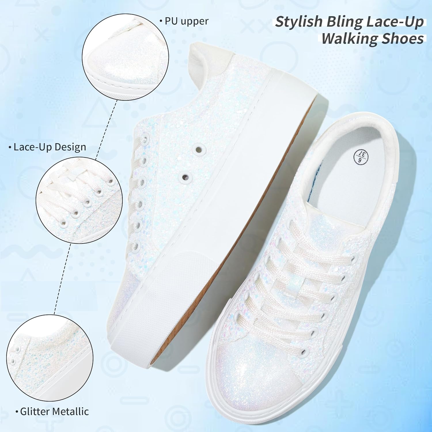 AISFAES Women Glitter Platform Sneakers Sparkly Lace-Up Chunky Sneakers Fashion Low-Top Tennis Shoes Comfortable Metallic Sequin Walking Shoes - Image 4