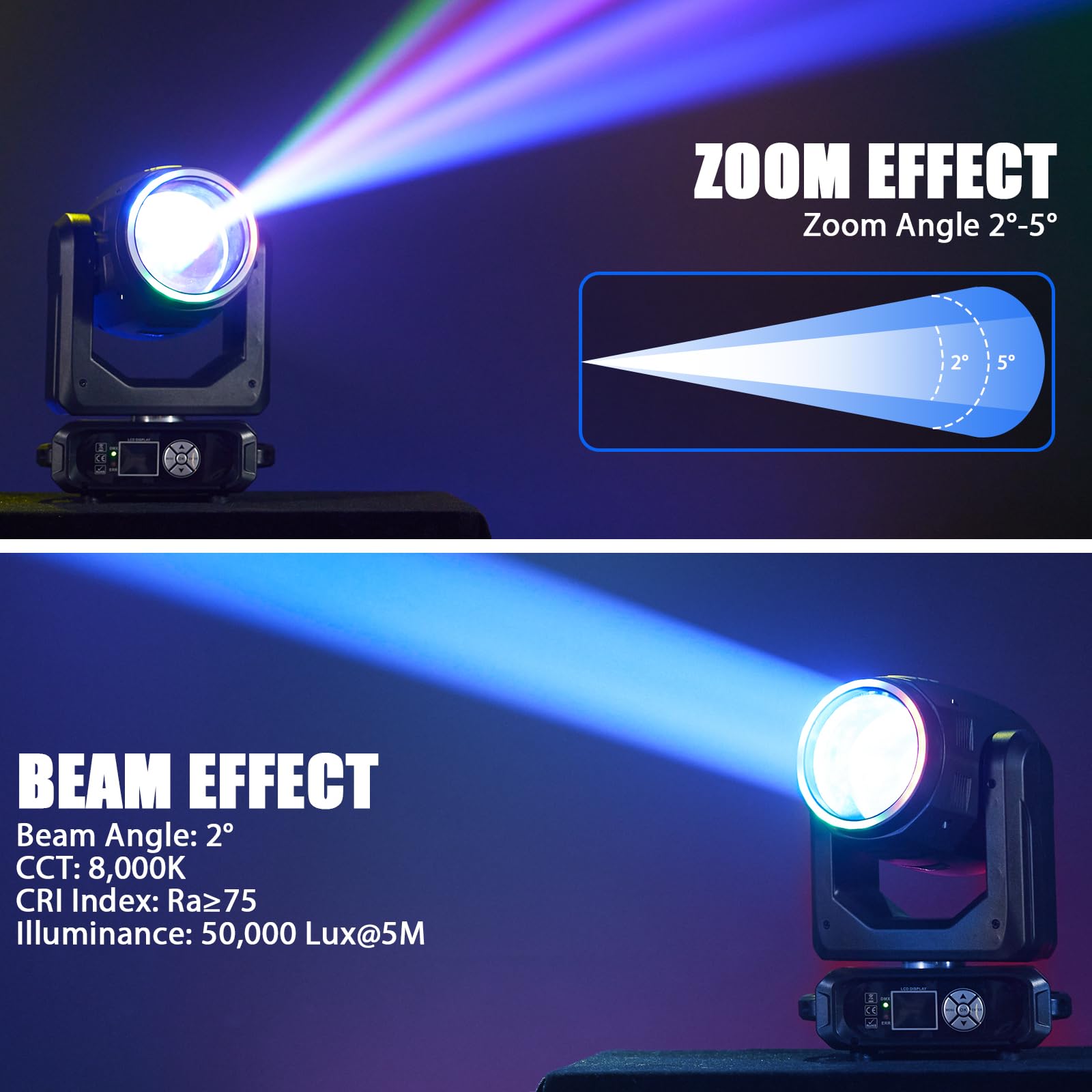 2 faretti LED a testa mobile da 200 W con flightcase, 11 colori, 14 gobos, Beam, luci per discoteca per palcoscenici, club, matrimoni, bar