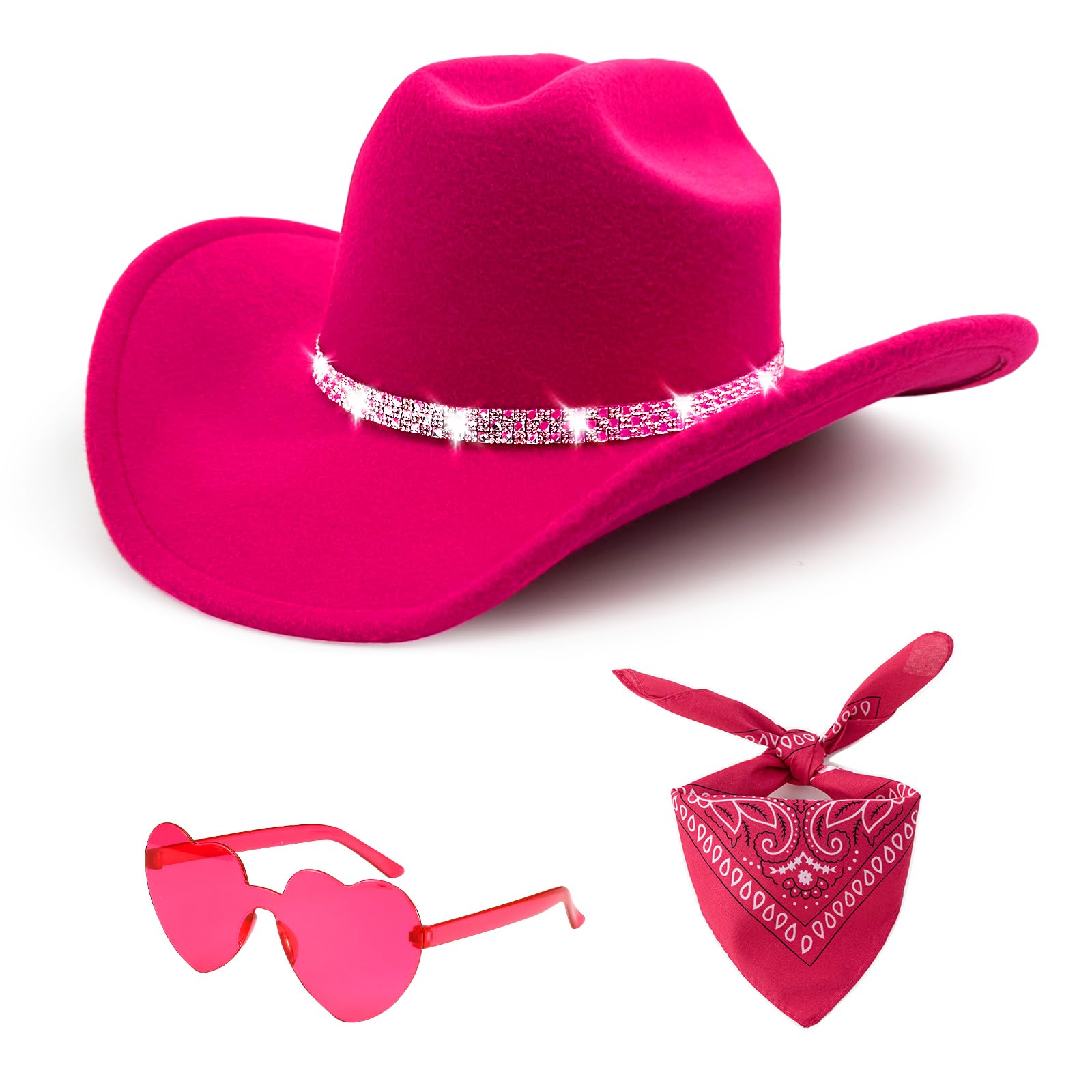 Photo 1 of ONECOS 3Pcs Rhinestone Cowboy Hat for Women with Bandana, Heart Sunglasses set, Wide Brim Cowgirl Hat for Western Disco Party (Hot Pink, Medium)