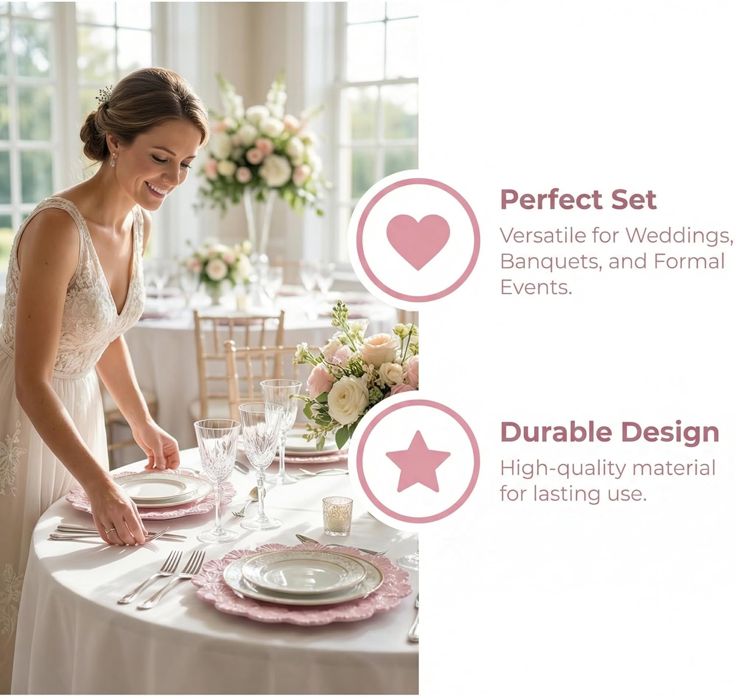 Pink Charger Plates with Flower Rim, 13" Round Charger for Dinner Plates, Set of 6 Plastic Plate Chargers for Wedding, Table Setting