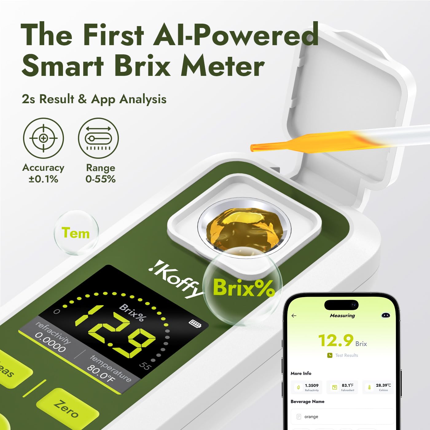 AI Digital Brix Refractometer with ATC, APP Sync & AI Analysis, 0-55% Range, ±0.1% Accuracy, Waterproof & Rechargeable, for Fruits, Vegetables, Juices & Beverages