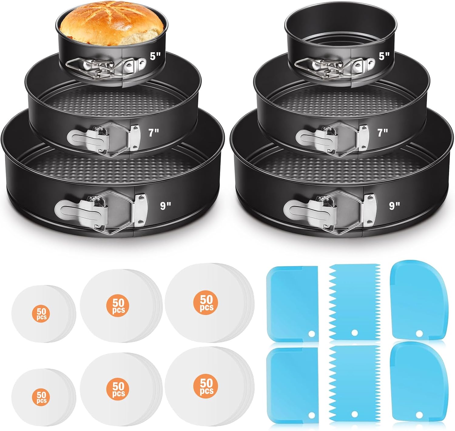 Springform Pan Set (5/7/9 Inch), Nonstick Cheesecake Pan with Detachable Bottom for Baking Cakes, Pie, Flan, Includes Parchment Papers & Scrapers (6 Set of Non-Stick Baking Pans)