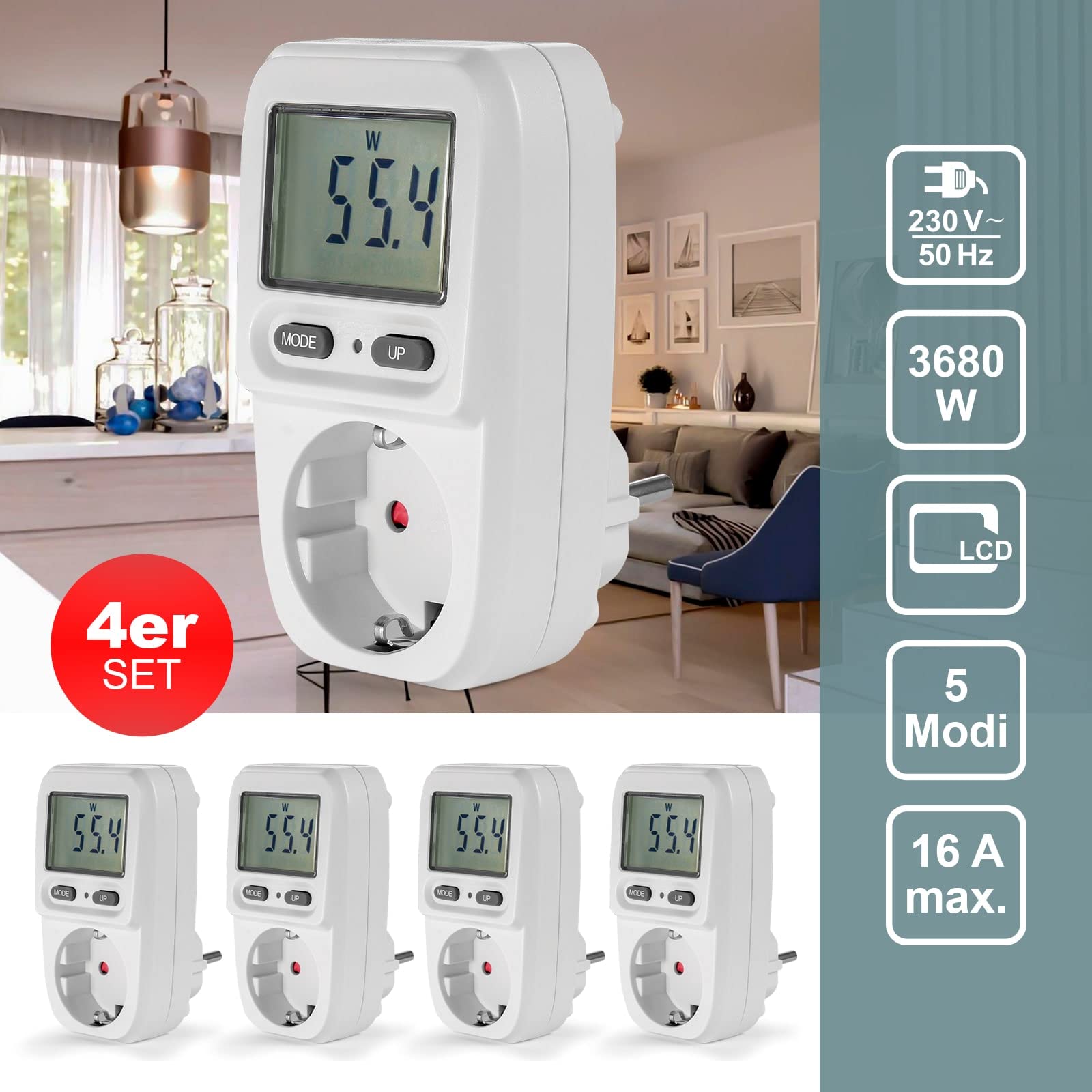 Eaxus® 4er Set Energiekostenmessgerät Steckdose mit Display - Strommesser Verbrauchsmessgerät bis 3680 Watt, Weiß