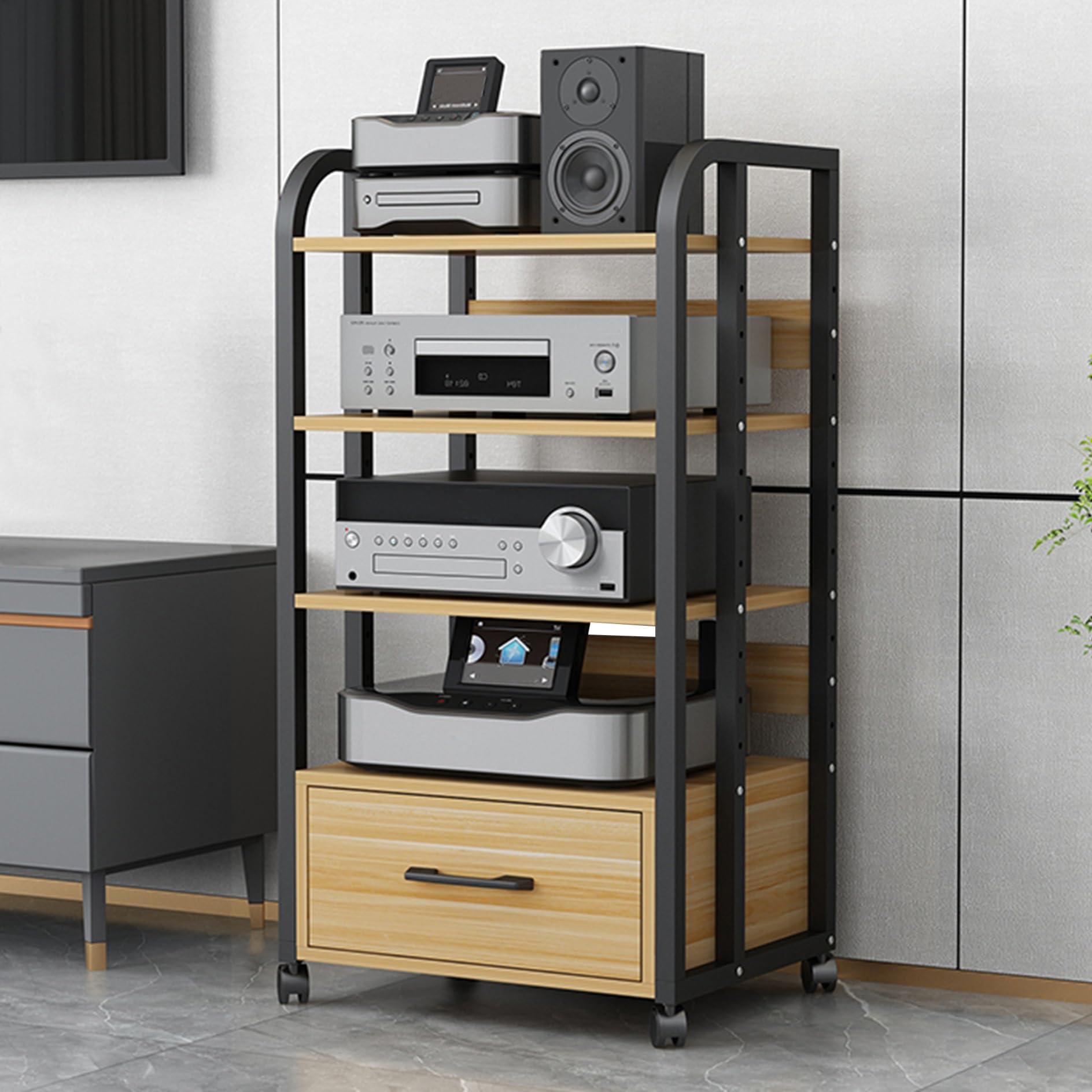 Stojak na media AV, stojak audio do szafki stereo, drewniana półka audio-wideo, stojak na konsolę do gier, do małych przestrzeni, stojący na podłodze, obrotowe stojaki stereo i stojaki, do domu, biura