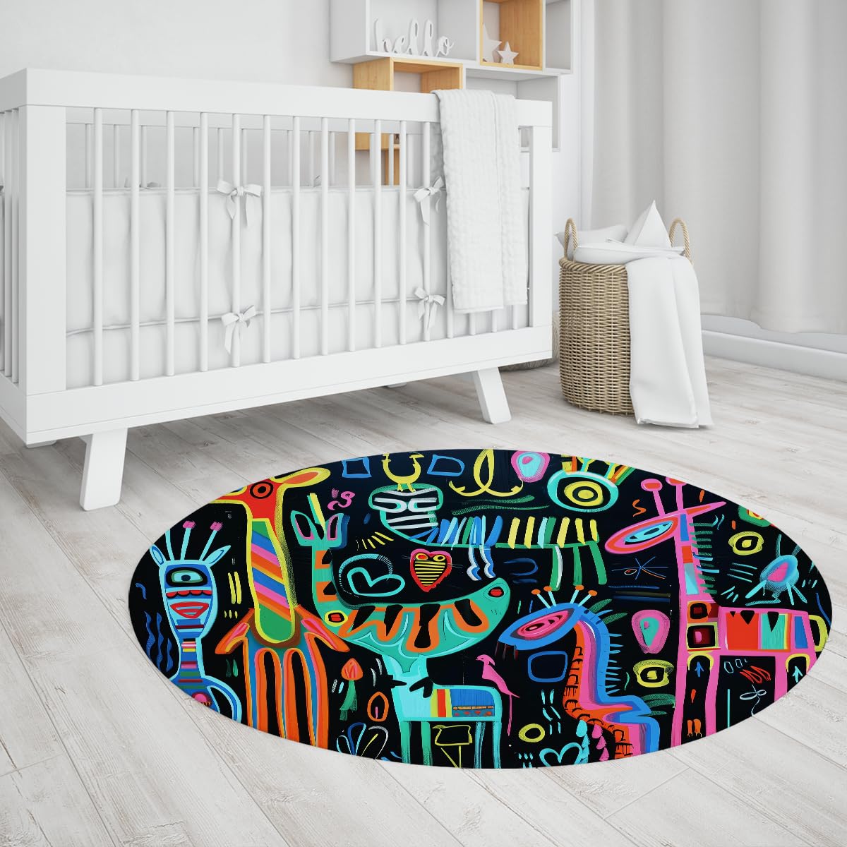Tapis rond coloré graffiti 150cm tapis lavable antidérapant chambre