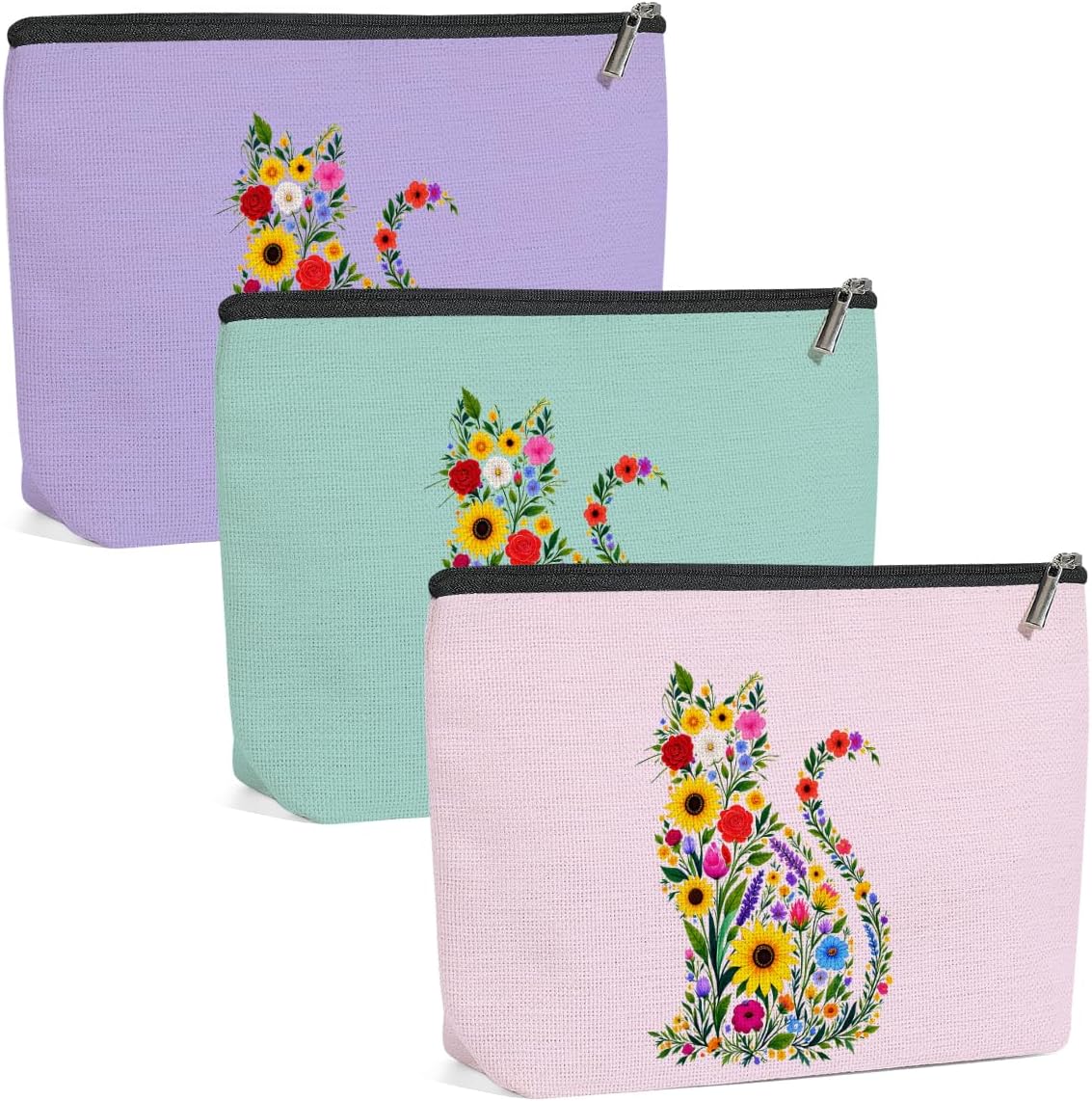3 Pack Wildlower Funny Cat Gifts for Women Cat Lover Gifts Makeup Bag,Cosmetic Bags for Women,Nurse Teacher Girls Trip Bachelorette Party Toiletry Bag Christmas Friendship Graduation Vacation