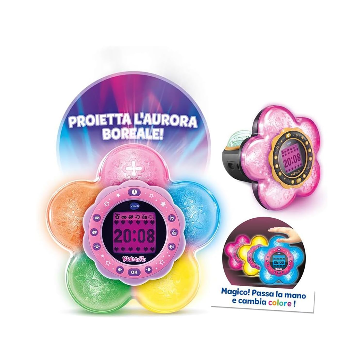 VTech KidiMagic Galaxy Light, Radiosveglia 9 in 1, Proiettore Bambini Aurora Boreale, Fiore Luminoso con Sensore di Movimento, Radio FM e MP3, Lingua Italiana, Batterie Incluse, 6+ Anni