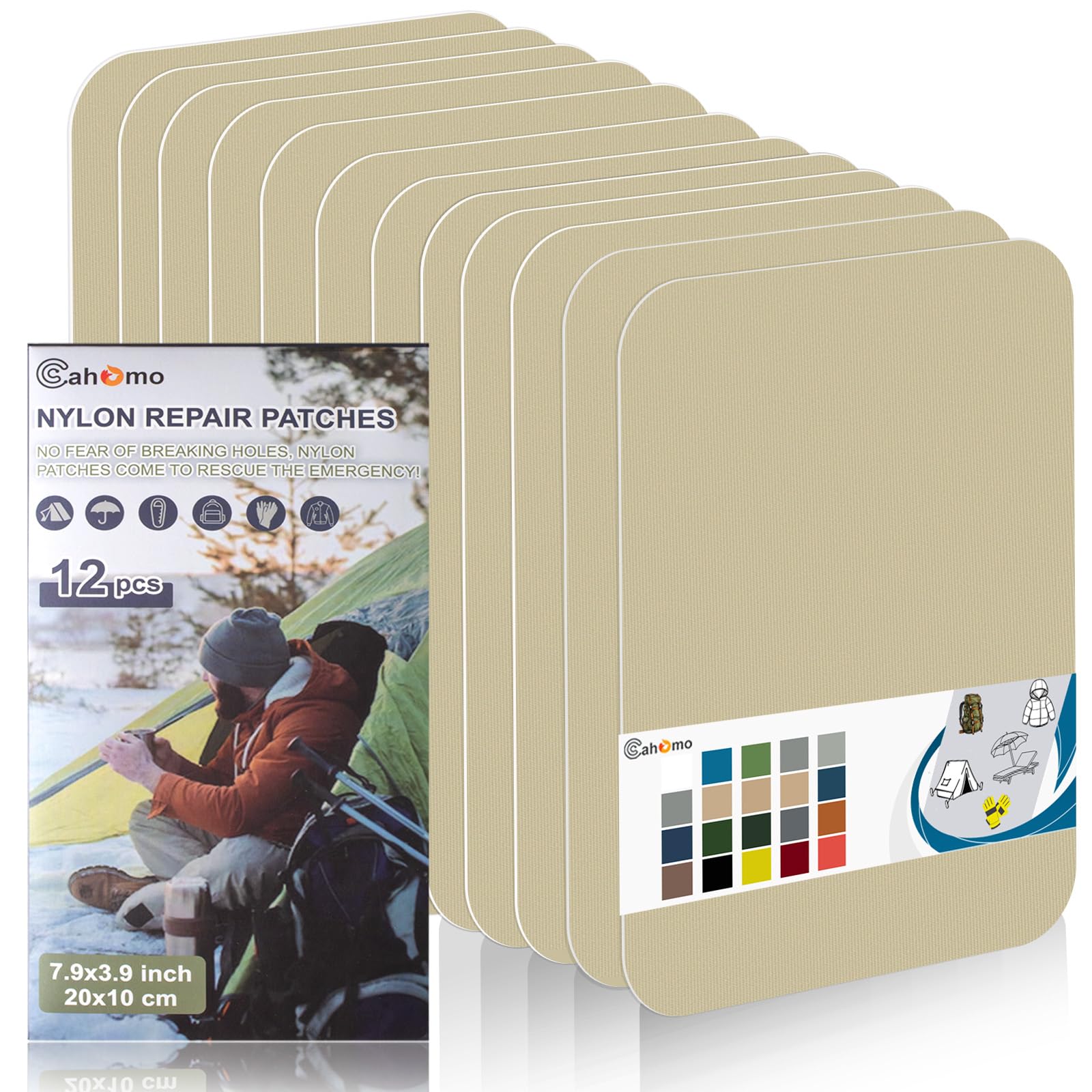 Cahomo Nylon Repair Patches 20x10 cm 12 pcs Nylon Repair Tape Nylon Fabric Patch Self Adhesive Outdoor Camping Gear Nylon Repair Kit for Tent, Umbrella, Down Jackets, Sleeping Bag, Knapsack （Beige） — image 1