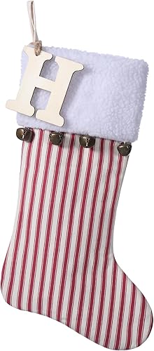 Calcetín de Navidad de rayas verticales rojas de 19.5 pulgadas con campanas, medias de Navidad con monograma inicial de madera personalizada,