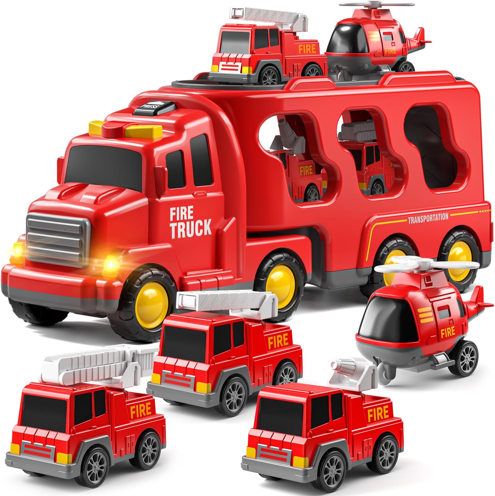 JUKUDAHU Truck Toys for 3 4 5 6 Years Old Boys, Toddler Car Toys for Toddler Boys Ages 3-5, Fire Toys Car Carrier Vehicle Toy Set, Kids Toys Truck Set for Age 3-9
