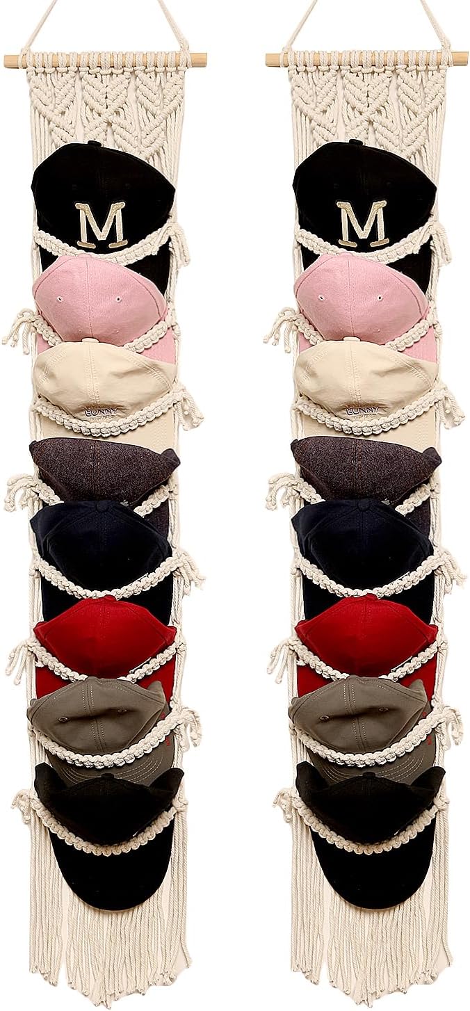 jontell Boho Ball Cap Hanger-2 Pack-Boho Macrame Cap Holder Wall Hat Organizer for Baseball Cap Holder Over Door, Hat Rack for Wall Cap Rack Disaplay Bearoom Decorations