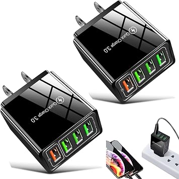Phone Charger, 4-Port Wall with Intelligent Temperature Control, Intelligent Temperature Charging Universal Compatibility, Portable Charger, Fast Charging Block Black*2pcs