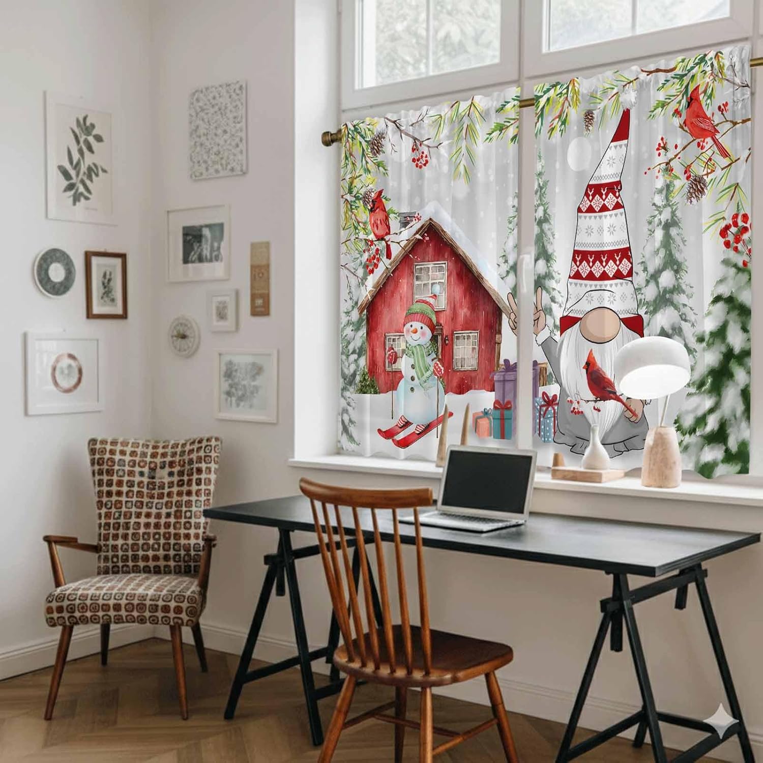 Christmas Gnomes Kitchen Tier Curtains 45 Inch Long 2 Panel Set,Rod Pocket Short Window Treatment,Xmas Trees Snowman Red Birds Snowflake Curtains & Drapes for Bathroom Basement 27.5"W x 45"L