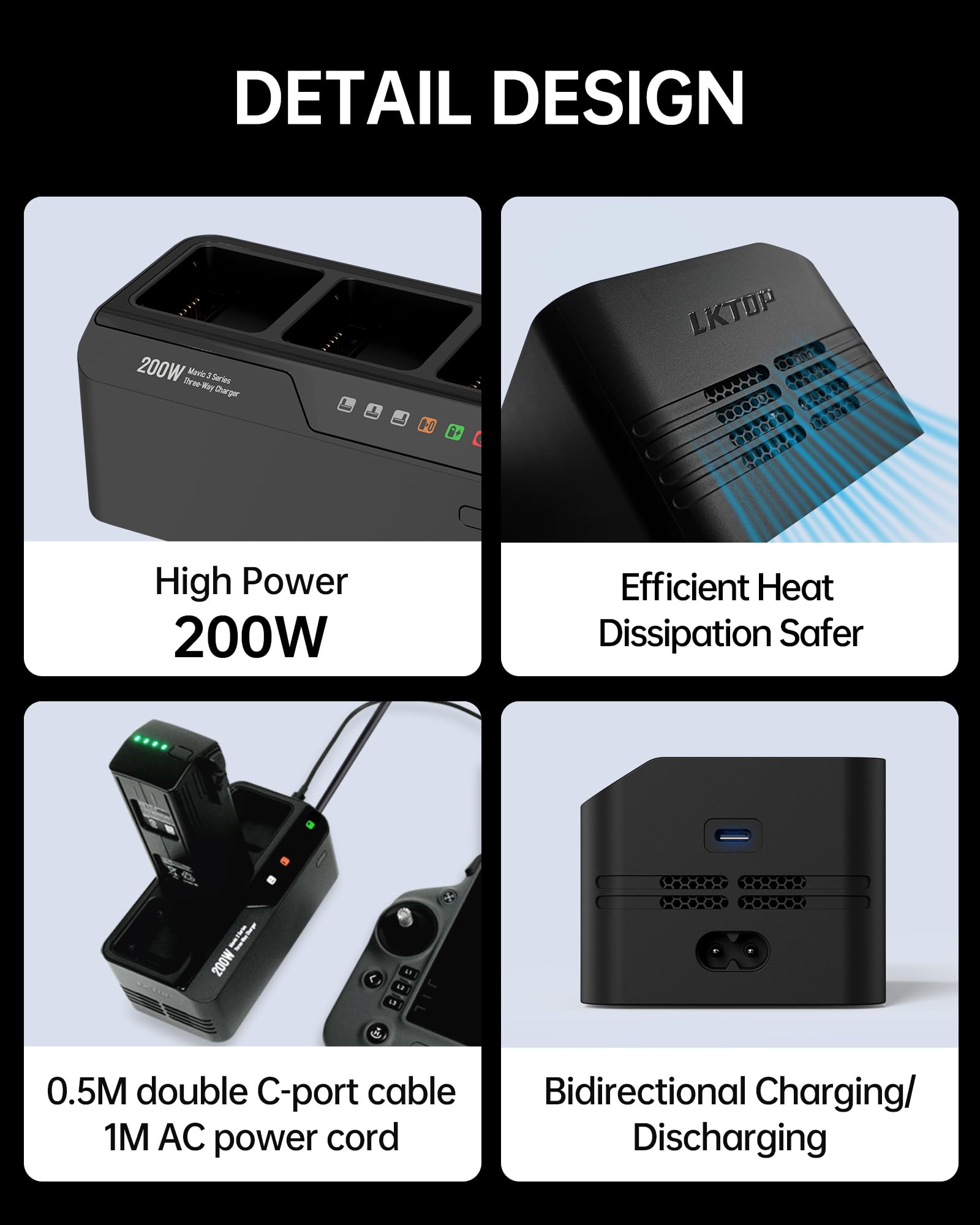 LKTOP 200 W Mavic 3 Pro ładowarka do akumulatora (3,5 x super szybka) - hub ładowania do Mavic 3 seria: Pro, Classic, Cine, Enterprise, dron termiczny i kontroler - Car Charger (ładuje 3 akumulatory w