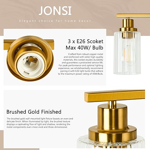 Miniatura 7 de Jonsi 3 luces de tocador de baño de oro cepillado con pantalla de vidrio estriado, luces de baño doradas modernas sobre espejo
