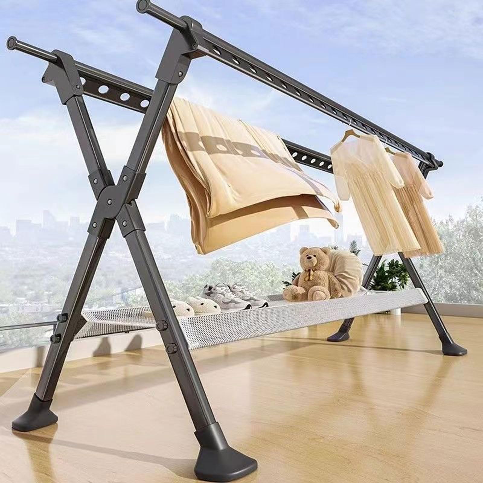 Poteau Etendoir Linge,Etendoir A Linge,SéChoir à Linge,Grande Capacité Sechoir A Linge Balcon,Etendage Linge Interieur Pliable,Etendoir Drap Extensible,Portatif,pour Balcon
