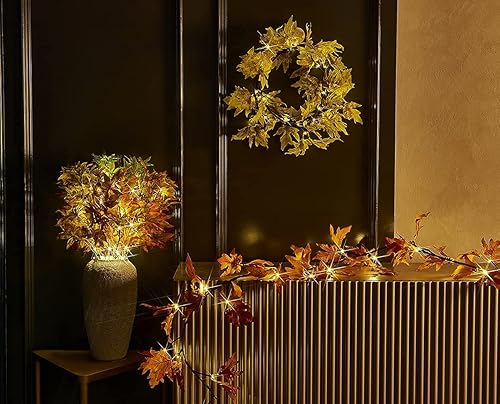 Miniatura 6 de Hairui - Guirnalda de hojas de arce iluminada con temporizador de 6 pies, 24 luces LED blancas cálidas, guirnalda de otoño con luces funciona con