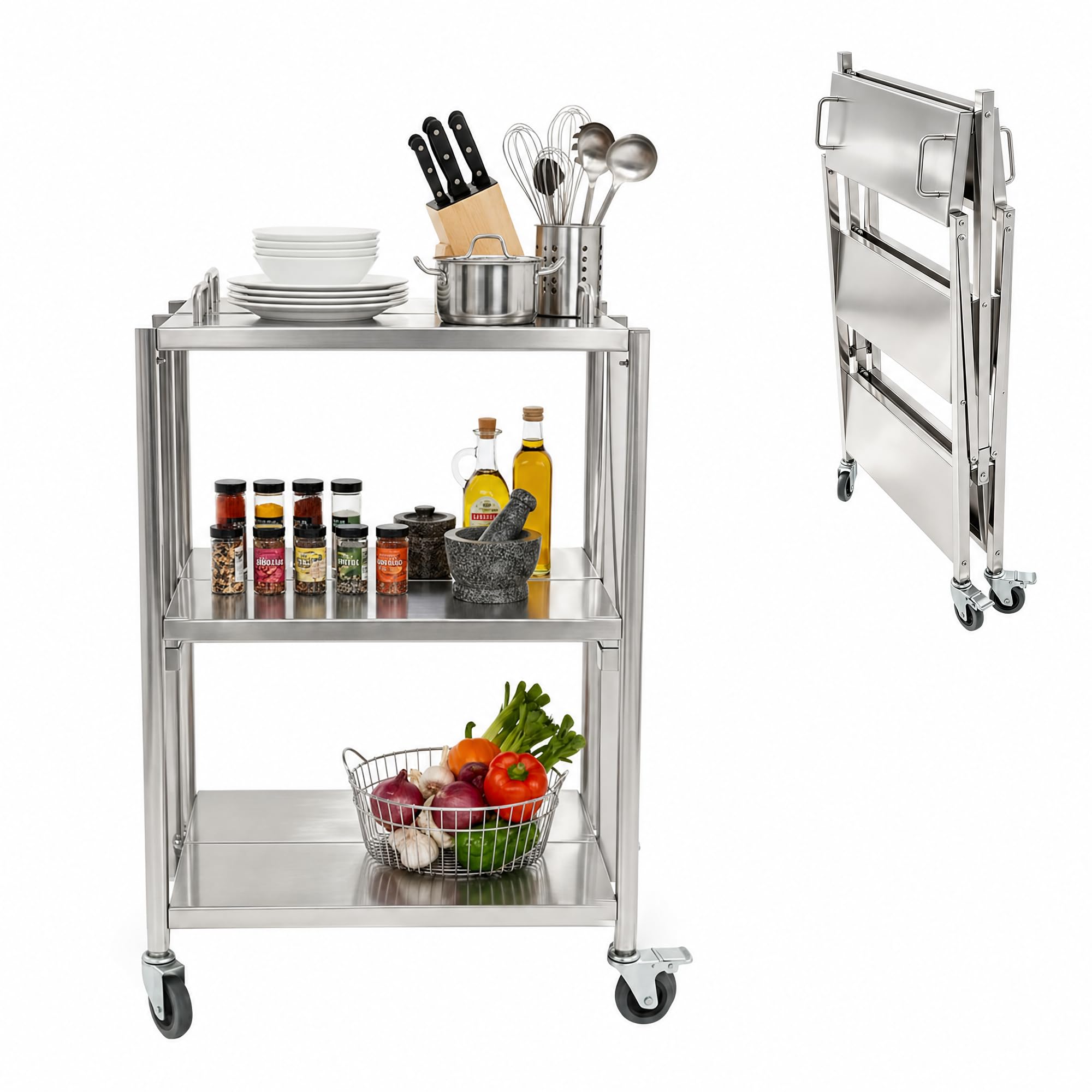 Carro plegable de cocina de 3 niveles para ahorrar espacio en pasillos estrechos