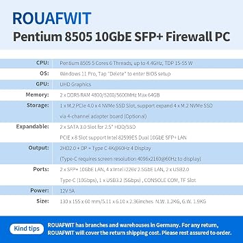Mini PC 10Gbe Firewall Pentium 8505, DDR5 8GB RAM M.2 NVMe 128GB SSD, 2 x 10 Gigabit Ethernet SFP Micro Router Appliance Computer, 4 x i226V 2.5GbE LAN Support Windows OPNsense