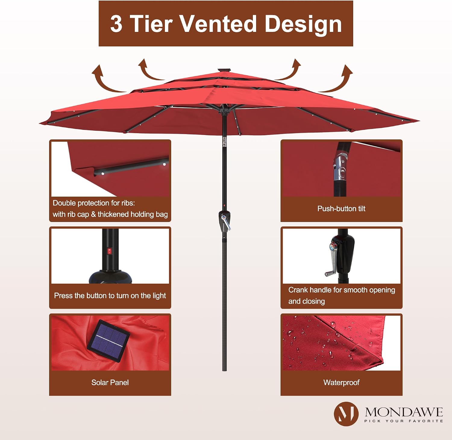 MONDAWE 3-Tiers Patio Umbrella with Solar Lights Outdoor Table Umbrella Market Umbrella with Tilt and Crank Aluminum Frame Umbrella for Outside Backyard Poolside Beach