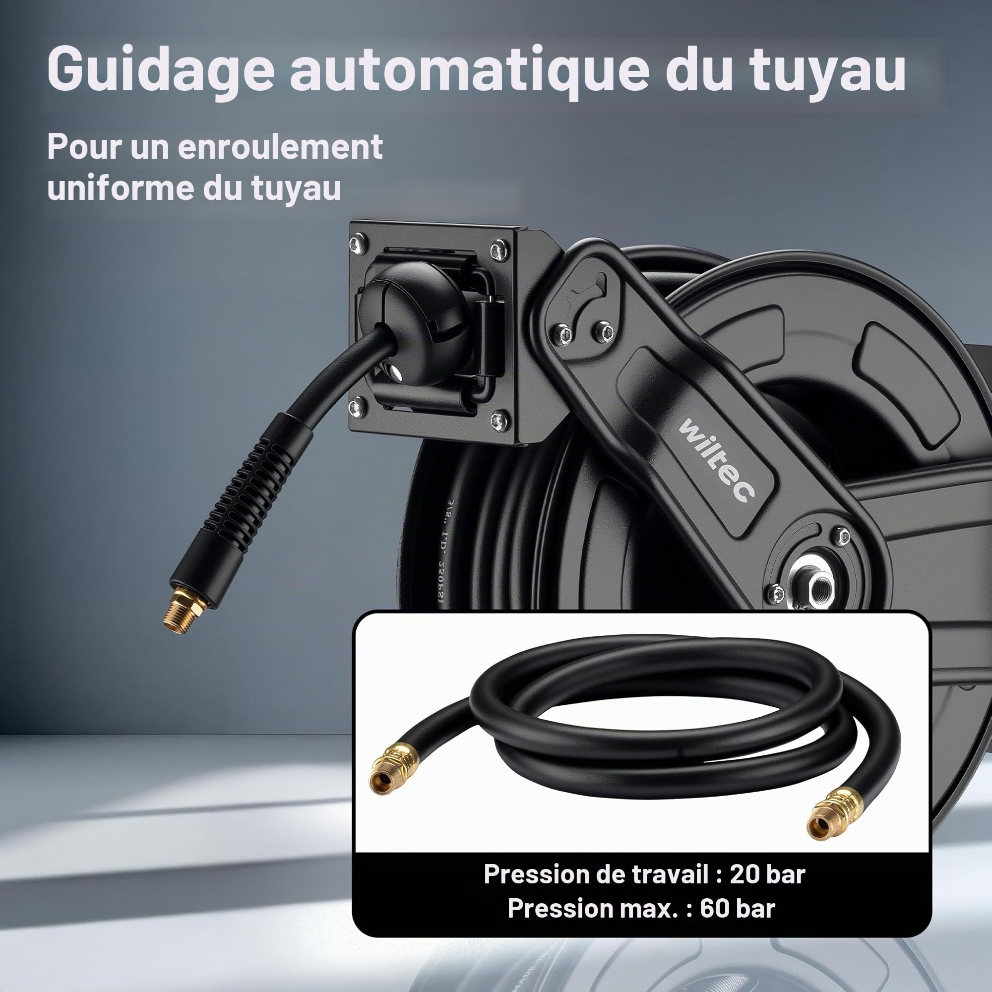 Wiltec Dévidoir automatique avec tuyau hybride 20 m + 2 m – Montage mural – En PVC, caoutchouc, acier – Enrouleur de tuyau pneumatique 20 bar – Pivotable à 180° – Connexion 1/4"