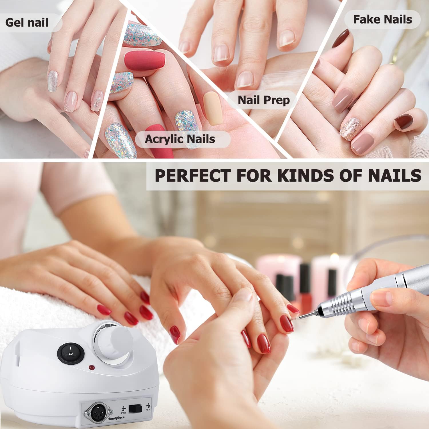 INF Elektrische Nagelfeile mit Zubehör, Maniküre Pediküreset, Nagelpflege für Hände und Füße, Nagelschleifer set mit Rutschköpfe, Silikonhalter, Griff,usw