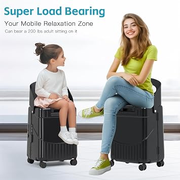 advwin 20 Carry-On Luggage with Seat for Kids & Adults, Lightweight Hardside Ride-On Suitcase with Front Opening, TSA Lock, 360 Spinner Wheels (Black, 20-inch)