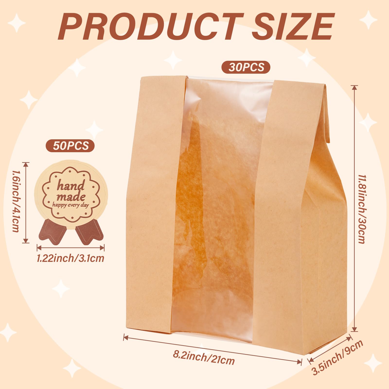 30 bolsas de pan de papel para hacer en casa, bolsas de pan de masa madre y bolsa de papel para panadería con ventana para almacenamiento de envases de alimentos horneados, paquete de desayuno y 2