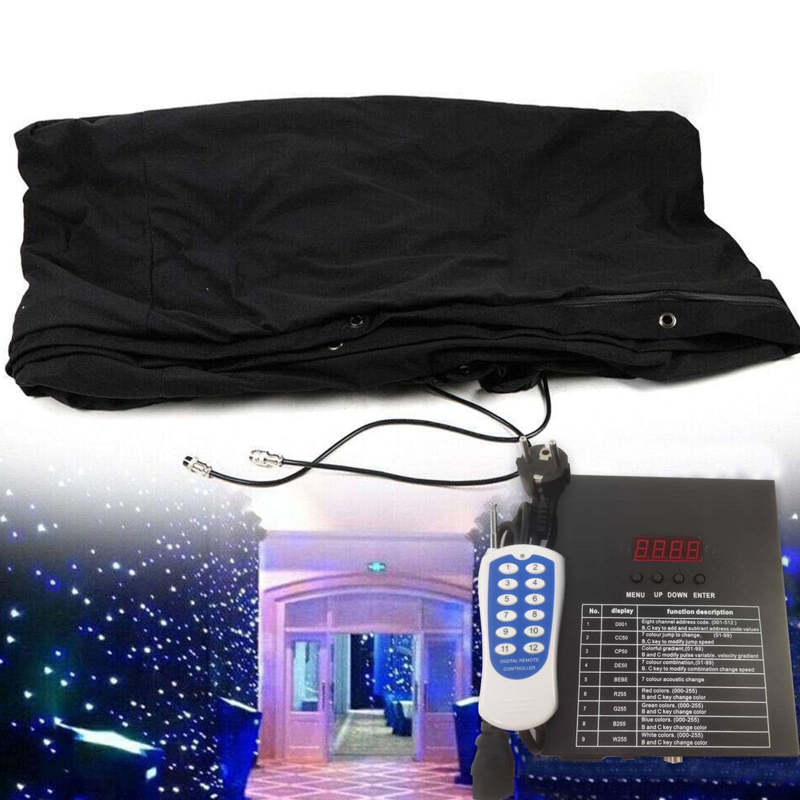 Biało-niebieska składana scena weselna kurtyna z gwiazdami tła, kontroler DMX512 i pilot do zespołu weselnego DJ wydarzenie dekoracja pokazu scenicznego Green-3x4m