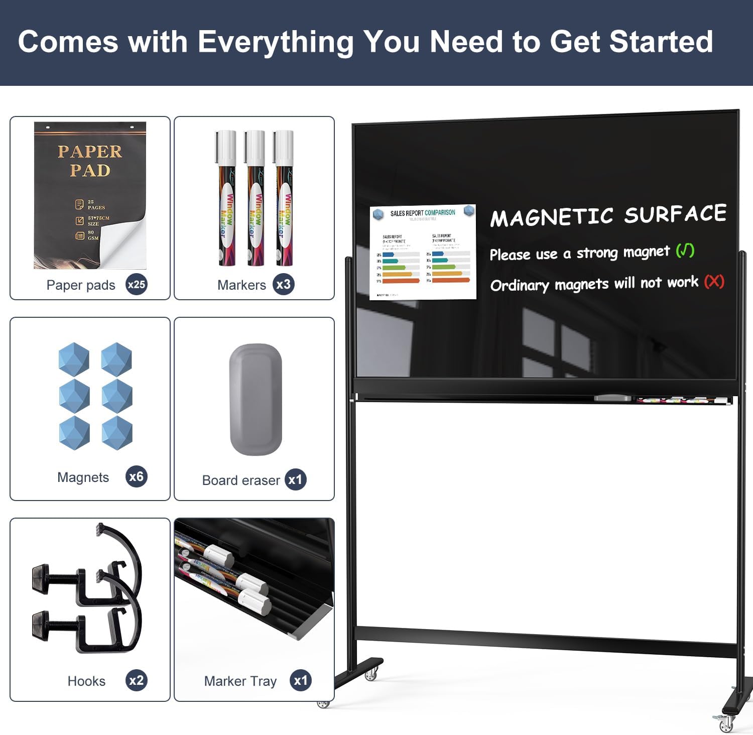 Tankee Rolling Whiteboard, 48x32 Inches Black Magnetic Glass Dry Erase Board with Stand, Standing White Board on Wheels, Large Glass Mobile Whiteboard for Office School Classroom Home