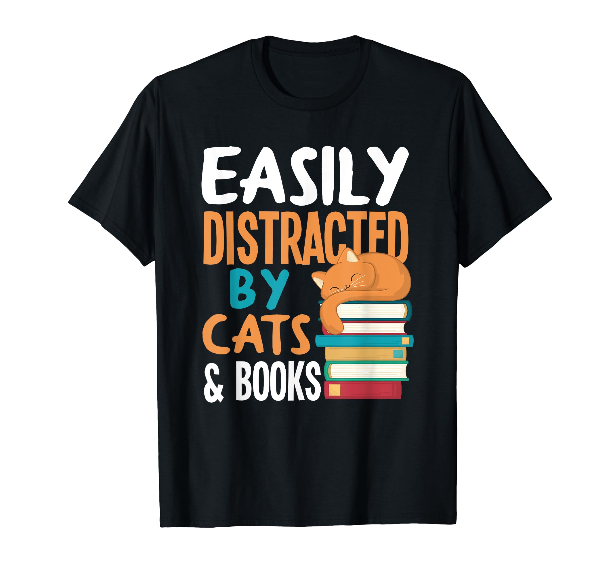 Womens Easily Distracted By Cats & Books Cat & Book Lover T-Shirt, Black