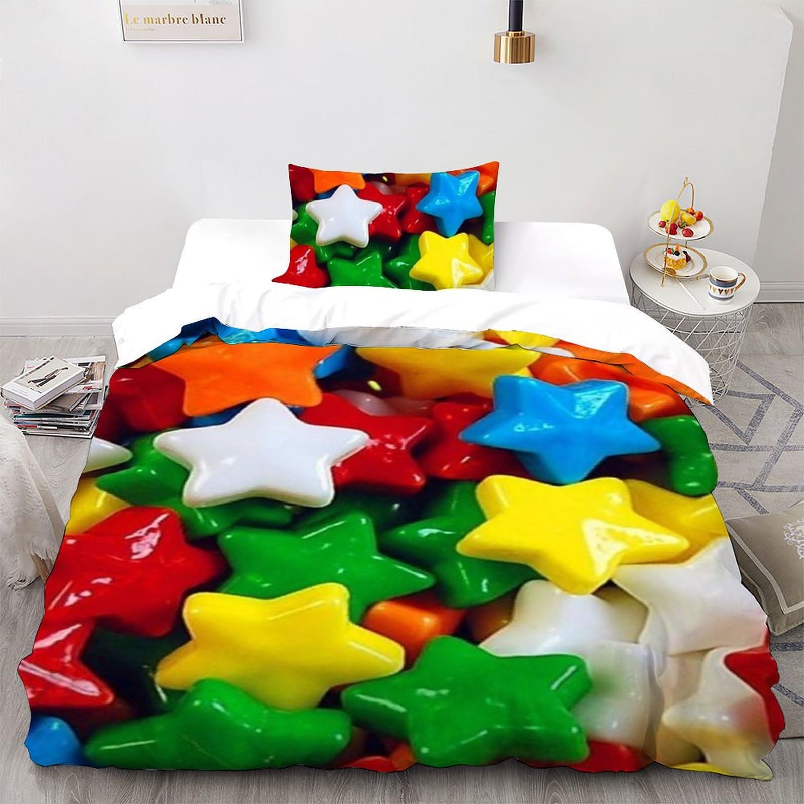 Housse de couette single 135x200 imprimé 3D bonbons literie avec taies d'oreiller