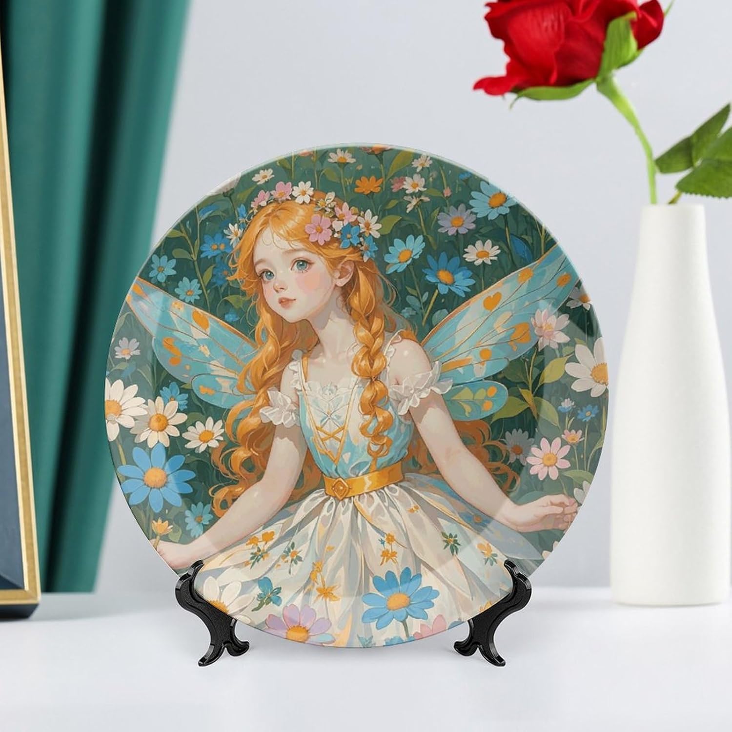 Pfhorn Flower Fairy Ceramic Plate 10inch Decorative Bone China Wall Hanging Ornament Plates Bohemian Style Dinner Plate with Display Stand Cabinet Display Plates for Home Art Decor