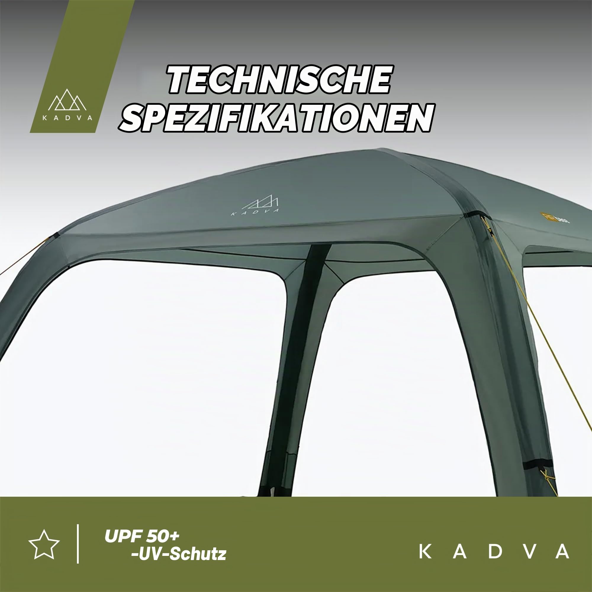 KADVA AIRcamp Base Zelt Überdachung Wasserdichtigkeit 1000 mm Geklebte Nähte Tunnelkonstruktion 3 aufblasbare Bögen Maße 350x350x210 cm Inklusive Pumpe UPF 50+ Haken Farbe Grün