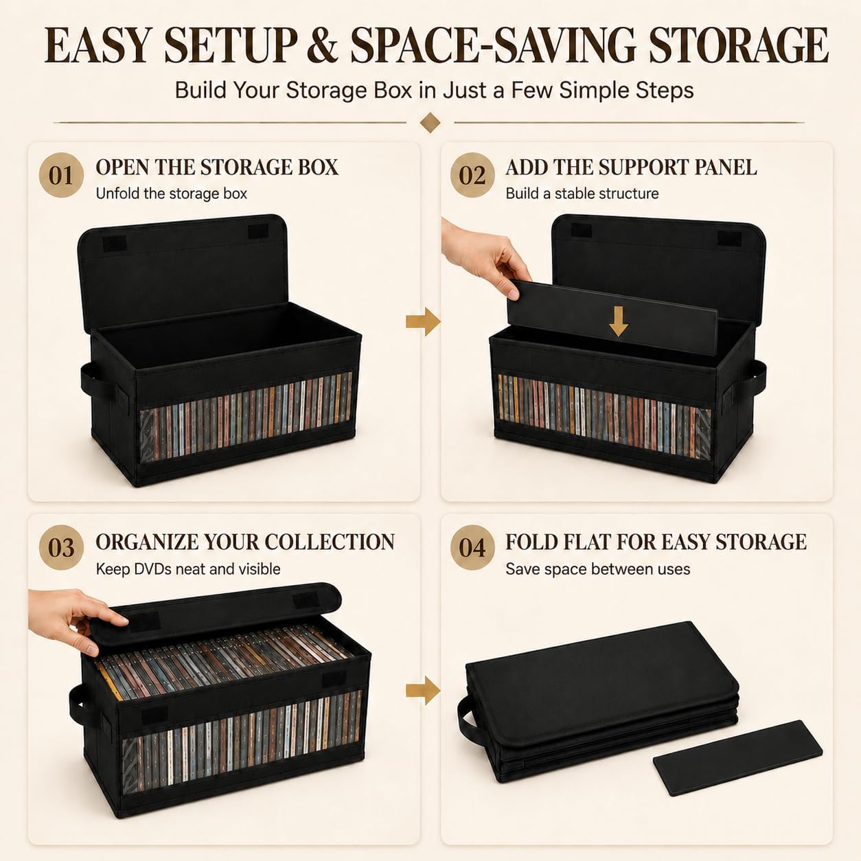 Stackable DVD Storage Box with Visible Window and Handles, Premiun Fabrics 4 Packs DVD Storage Case 15.7'' x 6.1'' x 8.1'' Holds Up to 100 DVDs in Full,Suitable for Home, Office, Media Room