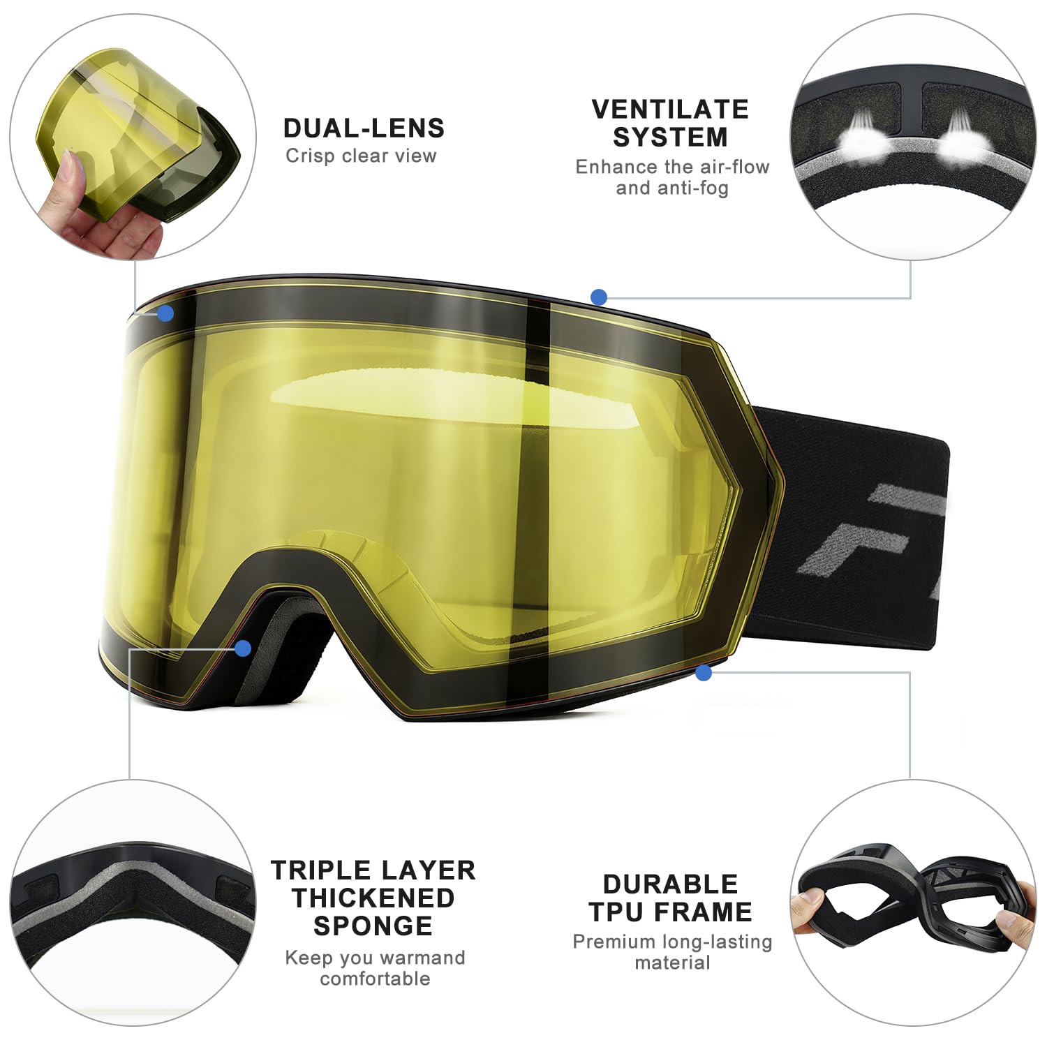 FMY Lunettes de ski pour hommes, femmes et jeunes – Anti-buée – Protection UV400 – Lunettes de snowboard pour adulte