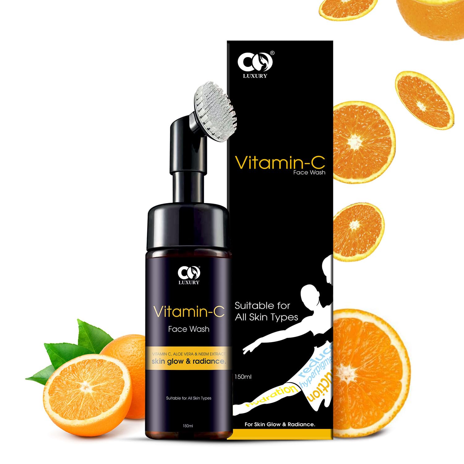 CO Luxury Brightening Vitamin C Foaming Face Wash | Built in Brush for Deep Cleansing | All Skin Type | Glowing Bright Skin | Paraben & Sulphates Free | Face Wash for Women & Men-150ml