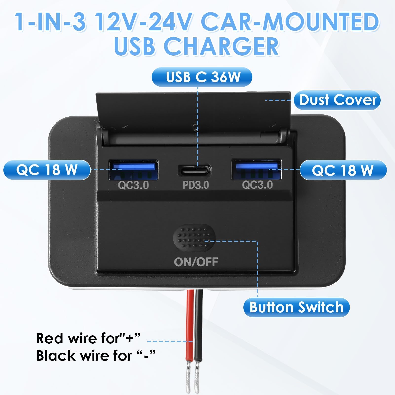 Presa USB 12V, 72W Ricarica Rapida, Dual QC3.0 e PD3.0 Ports Charging Socket Panel con pulsante ON/Off, Impermeabile per 12V -24V Caravan, Marine, Camper, Car, Autobus