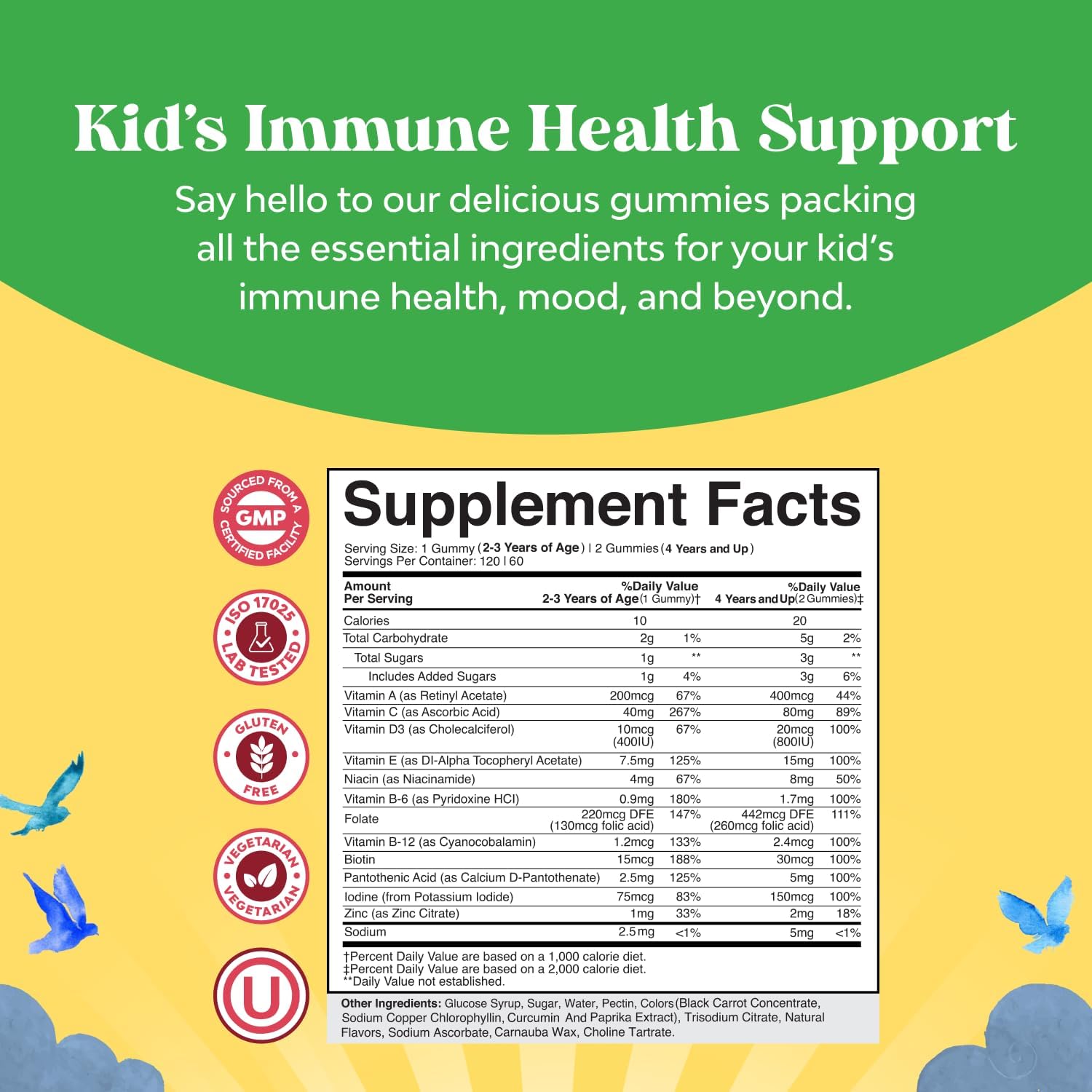 Natures Craft Plant Based Kids Multivitamin Gummies - Multivitamin for Kids Immunity Support Gummies with Vitamins A C D3 E B and Zinc Gelatin and Gluten Free Non-GMO Vitamins Gummy Formula 120ct