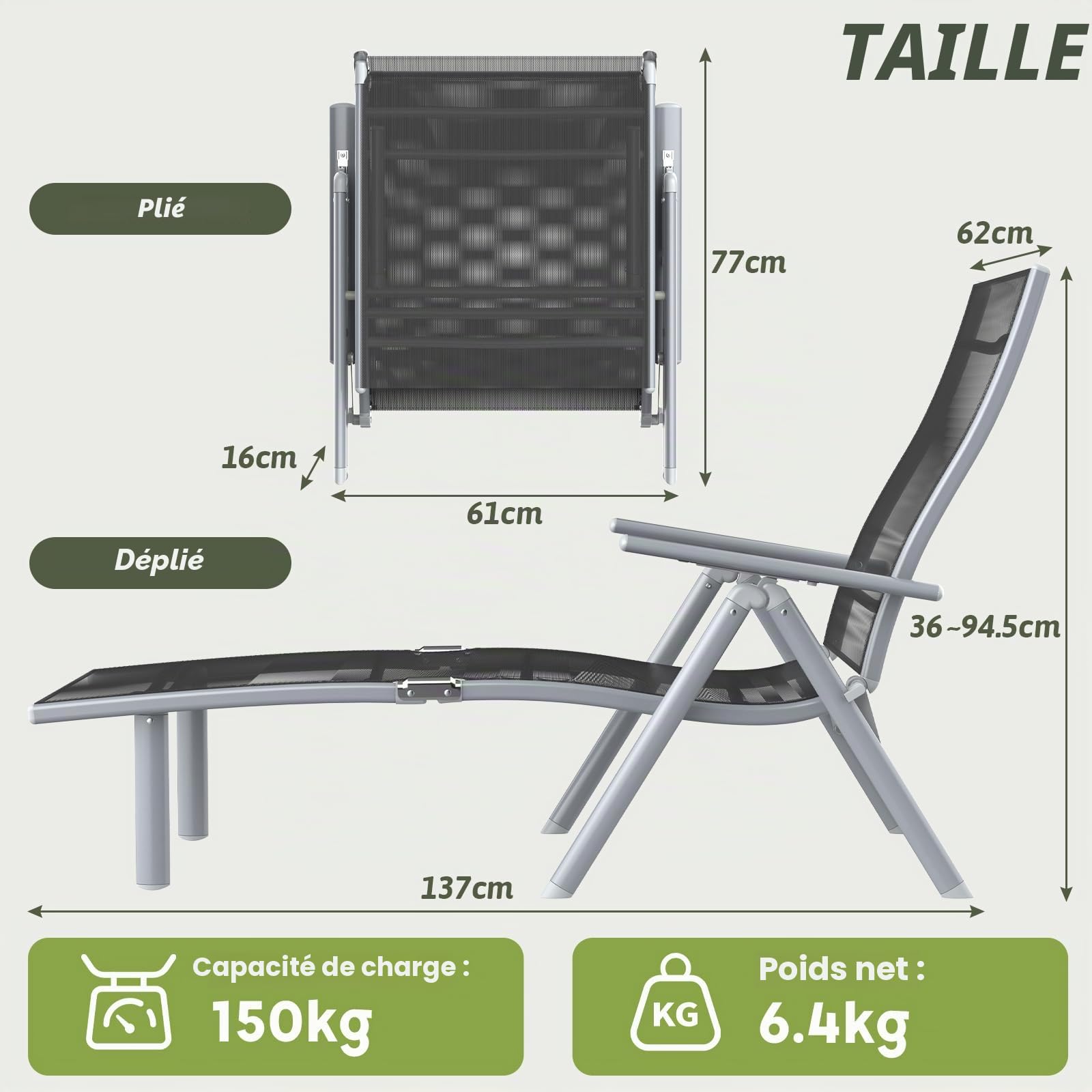 Soontrans Transat Jardin Exterieur 62X137X94.5 CM, La Chaise Longue avec Dossier Réglable sur 7 Positions, Chaise Longue Pliable Robuste avec Accoudoirs Charge 150 KG, pour Plage, Piscine, Noir