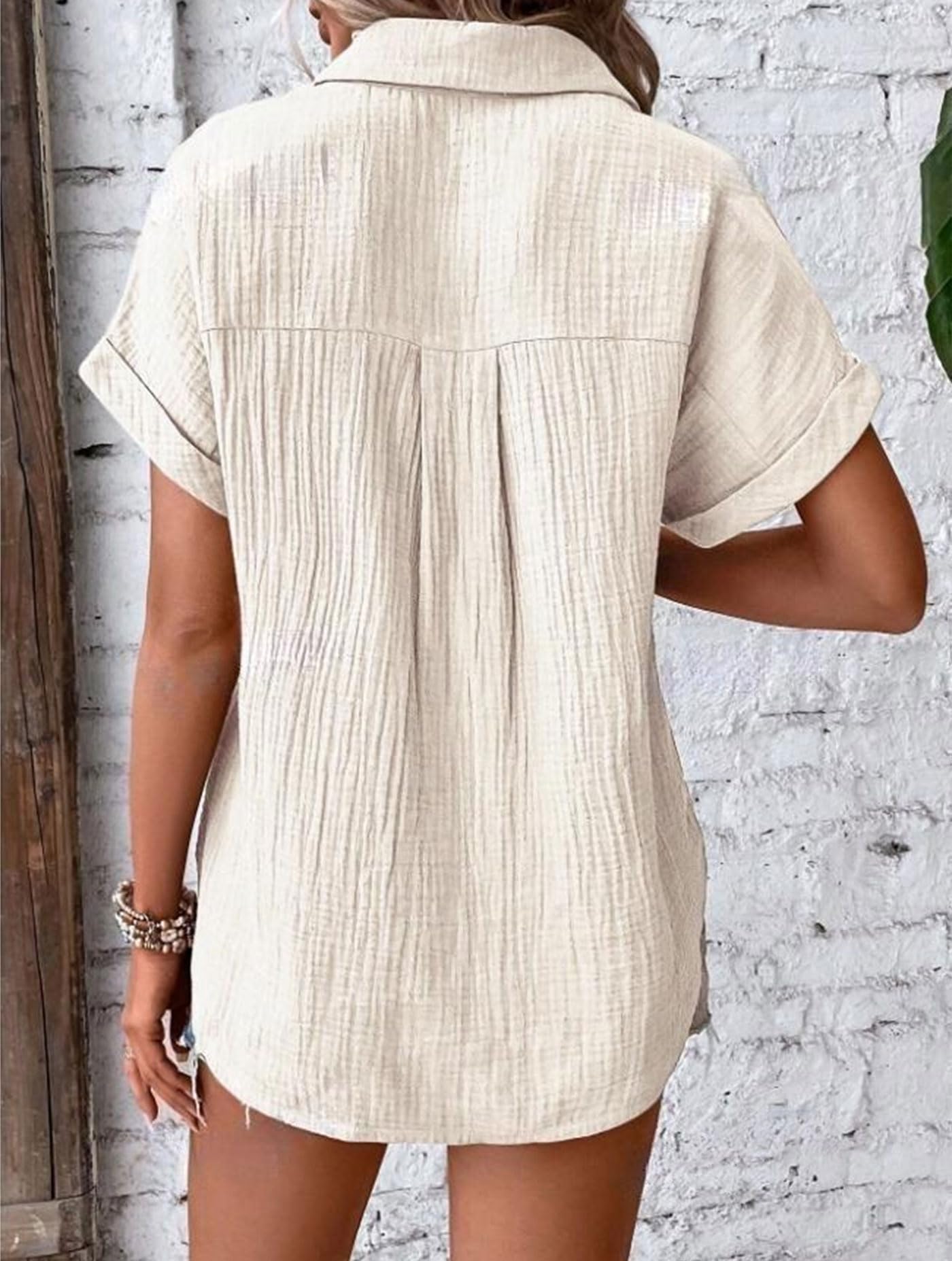 Camicetta estiva da donna, a maniche corte, casual, in cotone, con scollo a V, con bottoni e tasca, albicocca, L