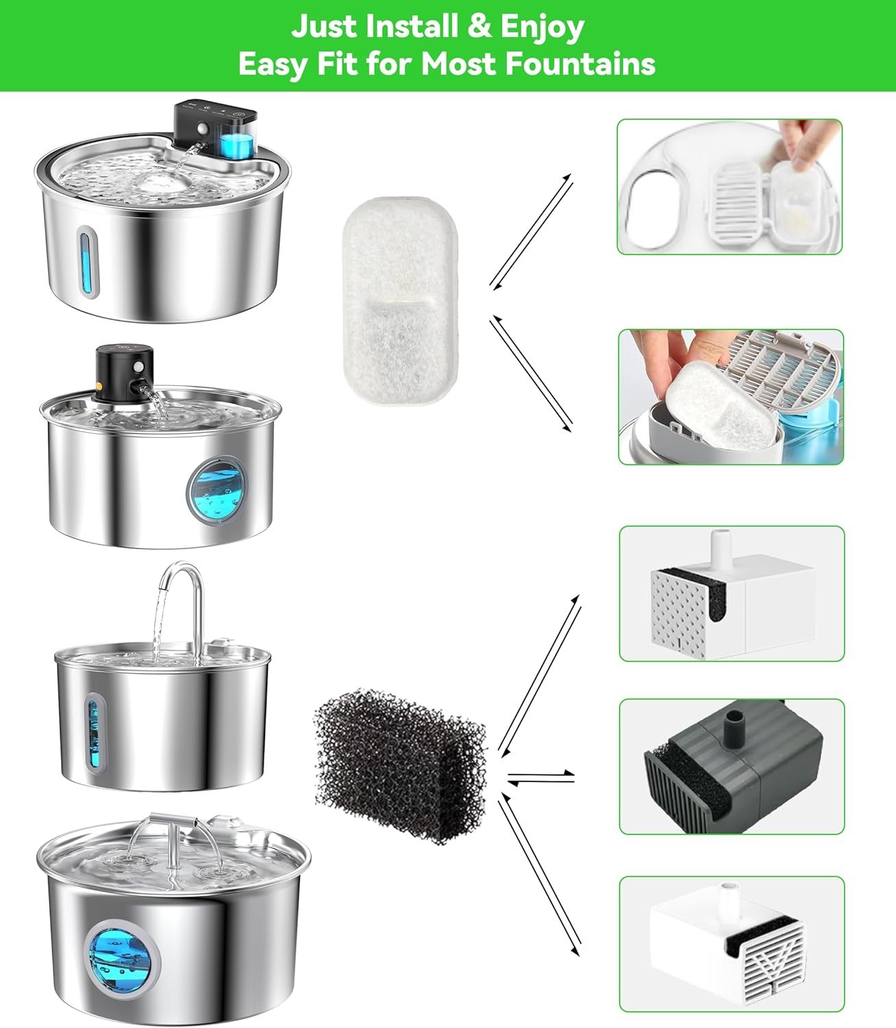 Cat Water Fountain Filter Replacement: 8 Carbon Filters & 8 Foam Sponges Kitty Spout Pump Filters for 108Oz/3.2L & 67Oz/2L Stainless Steel Pet Water Dispenser Cat Dog