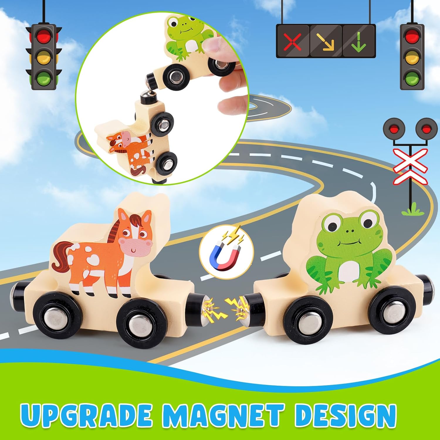 Montessori Wooden Train Toy for 1 2 3 Years Old Toddlers | 12 Magnetic Animals Train Kids Box, STEM Educational Toy with Game Map | 1st 2nd Birthday for Boys Girls