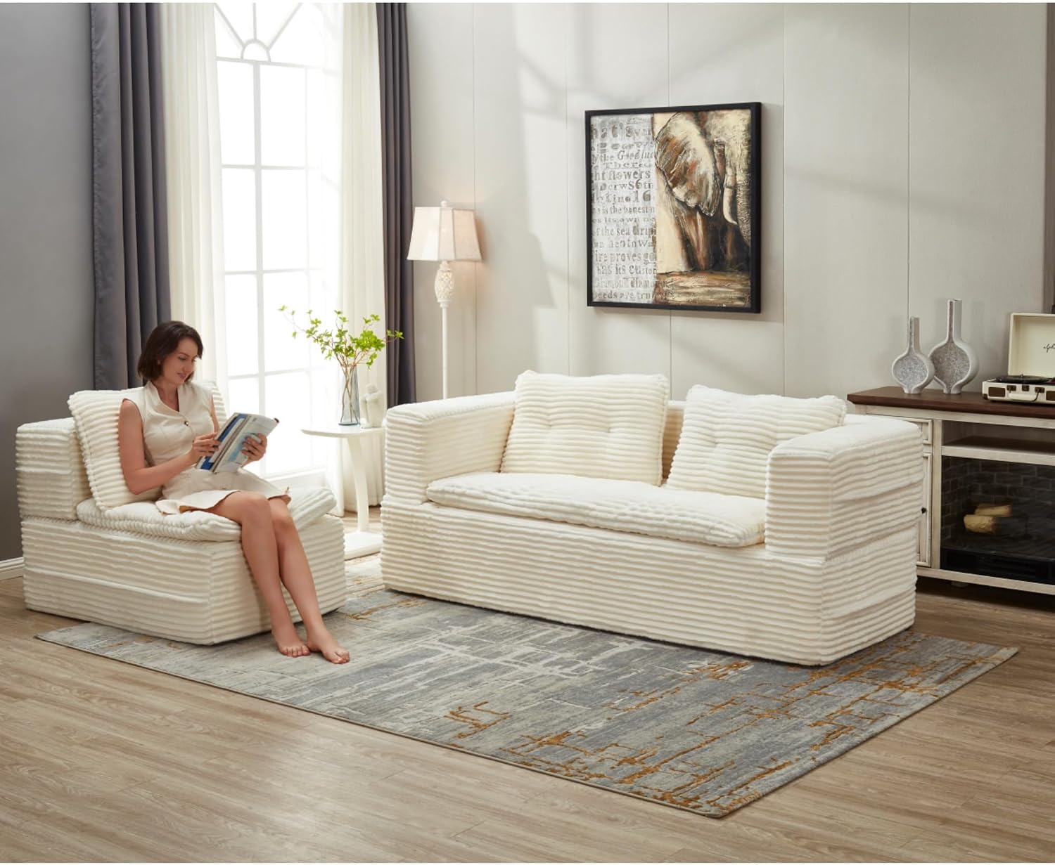 80" Foldable Floor Couch, 3-Seat Convertible Sleeper Sofa with Chaise Lounge, Blanket and 3 Soft Pillows, Corduroy Fabric, for Living Room, Bedroom, Apartment, No Assembly Required, Beige