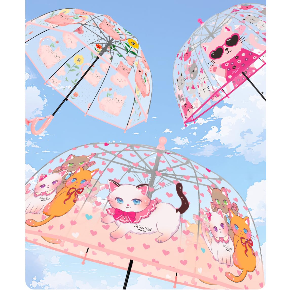 Chesoon Parapluie pour enfant Motif chat rose mignon Surface transparente en forme de bulle Toile bombée résistante au vent Filles âgées de 3 à 8 ans