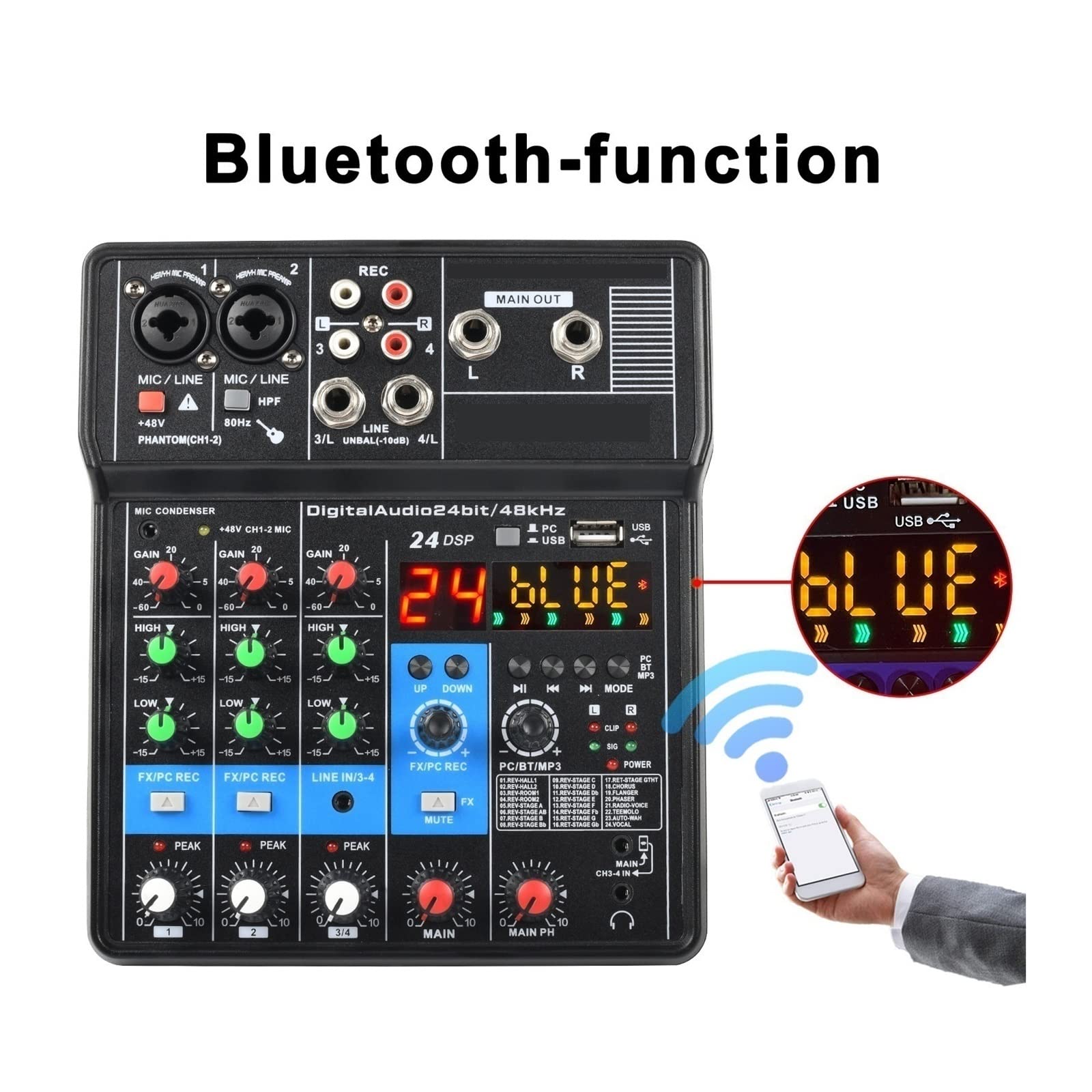 DJ-Audiomixer Professioneller tragbarer 4-Kanal-Tonmischer Konsole Computereingang 48 V Leistung Modellnummer-Zertifizierungsschnittstelle