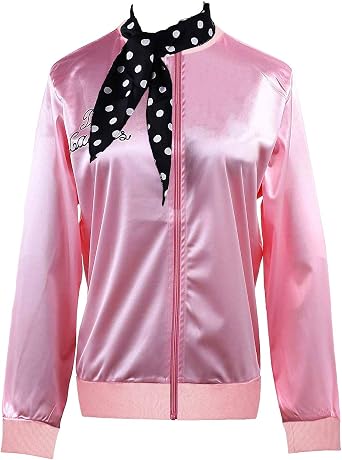 Knemksplanet 1950s Pink Women Satin Jacket Grease T-Bird Danny Halloween Cosplay Fancy Costume outfit with Scarf