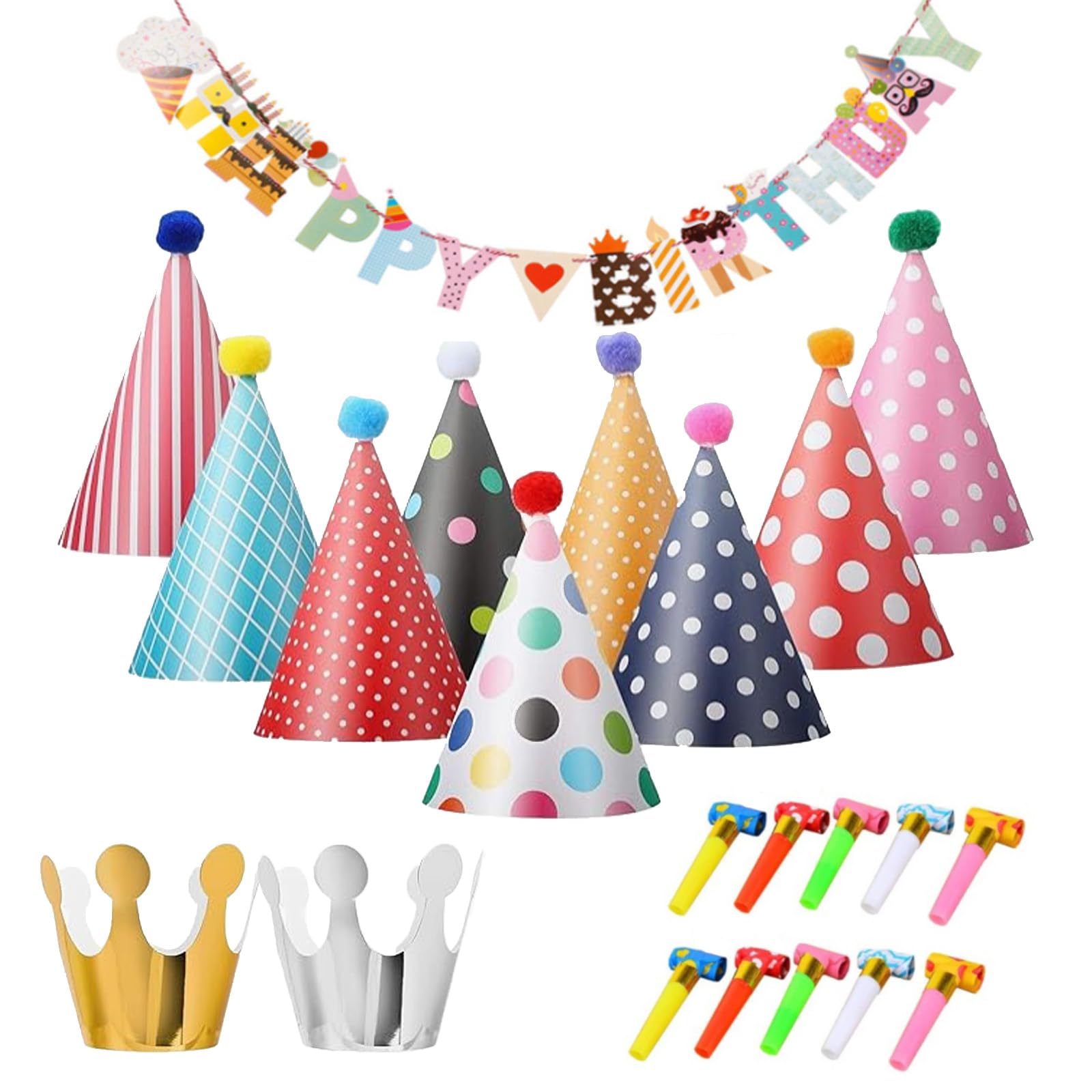 QSZHSL 22 PCS Party Hats Pack with Happy Birthday Banners, Crown Hat, Party Blowouts, Lovely Crown Hats Set for Birthday Christmas Halloween Dress Up party Decorations
