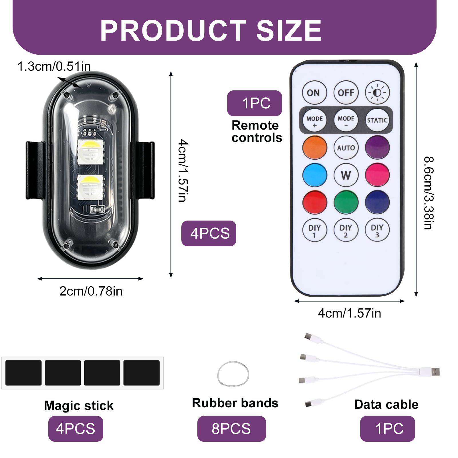 4 Pièces Luces Estroboscópicas LED Inalámbricas para Dron Coche Moto, LED Estroboscópico Luz Interior Coche con Mando a Distancia, 8 Colores y Modos de Flash, Carga USB Impermeable Anticolisión